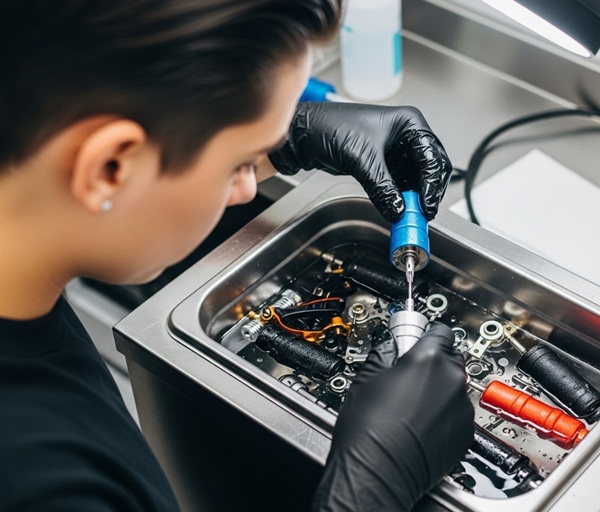 tattoo gun cleaning in an ultrasonic cleaner