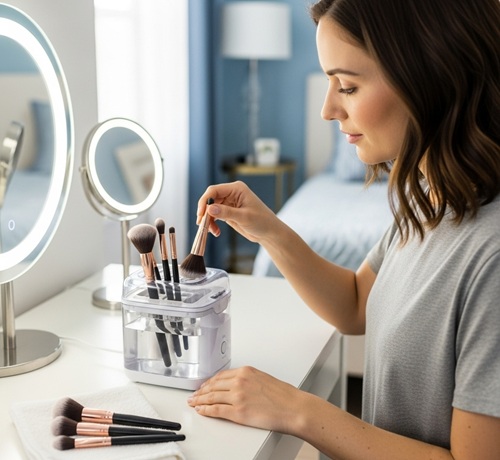 cleaning makeup brush in a sonic cleaner